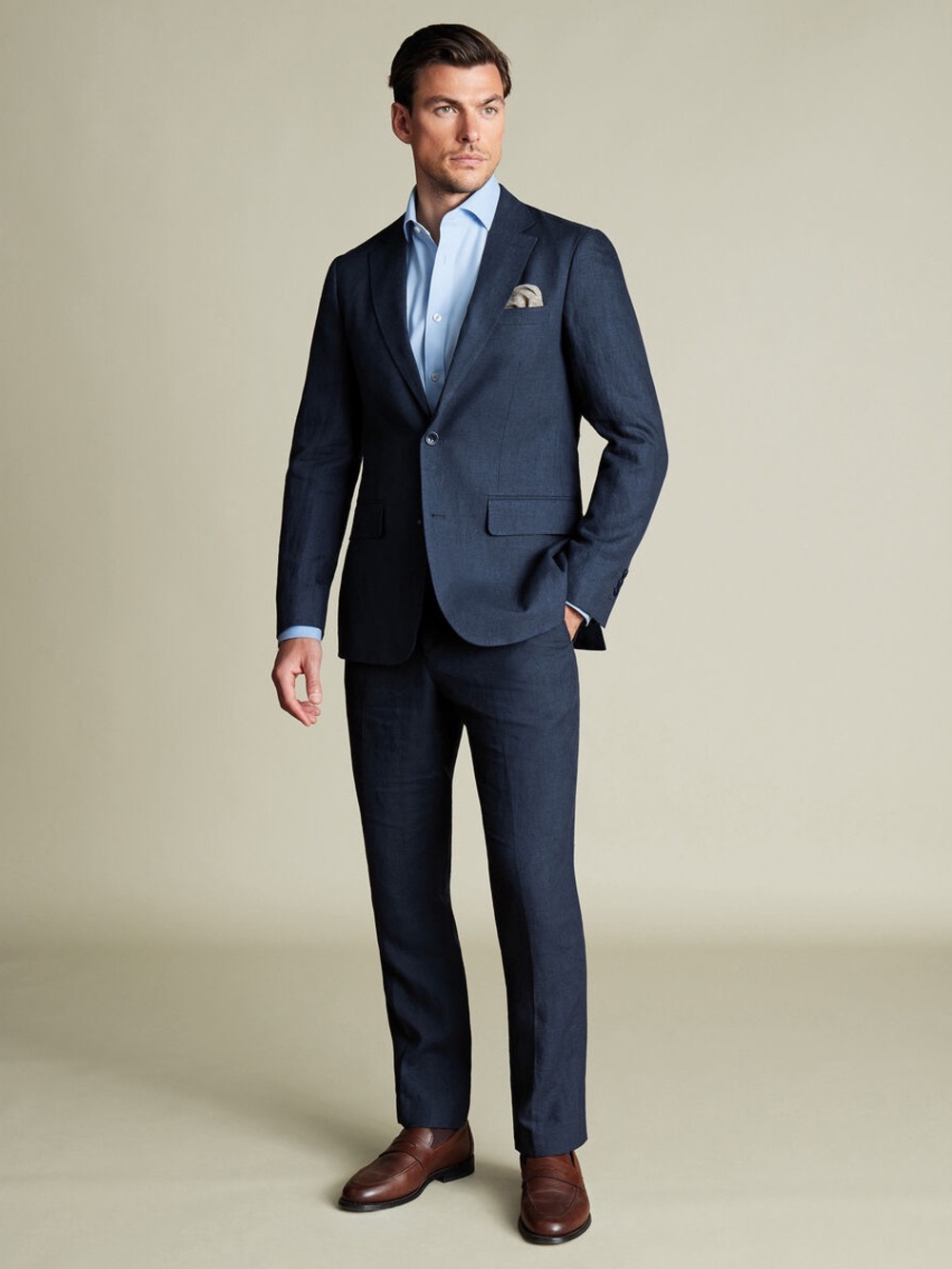 H&M 40R Navy Blue Slim Linen Single-Breasted Suit